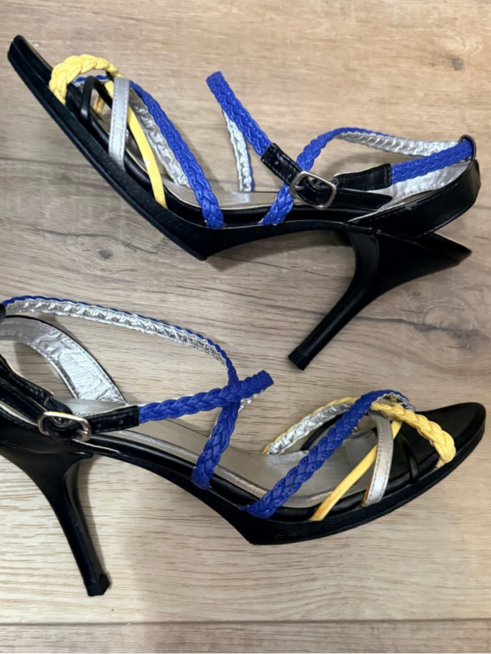 Promise Black Heeled Sandals with Blue, Silver and Yellow Braided Straps